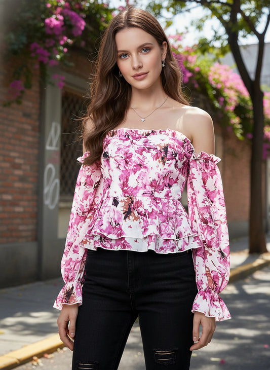 Berrylush Women White & Pink Floral Printed Off-Shoulder Neck Three-Quarter Sleeves Georgette Smocked Regular Top