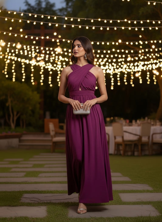 Berrylush Women Solid Purple Halter Neck Sleeveless Front Cutout Flared Maxi Dress