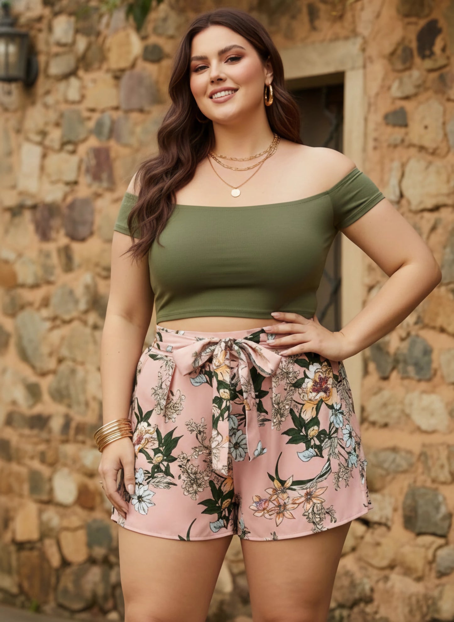 Berrylush Women Plus Size Pink & Green Floral Printed Tie-Up Elastic Waist Slip-On Mini Shorts