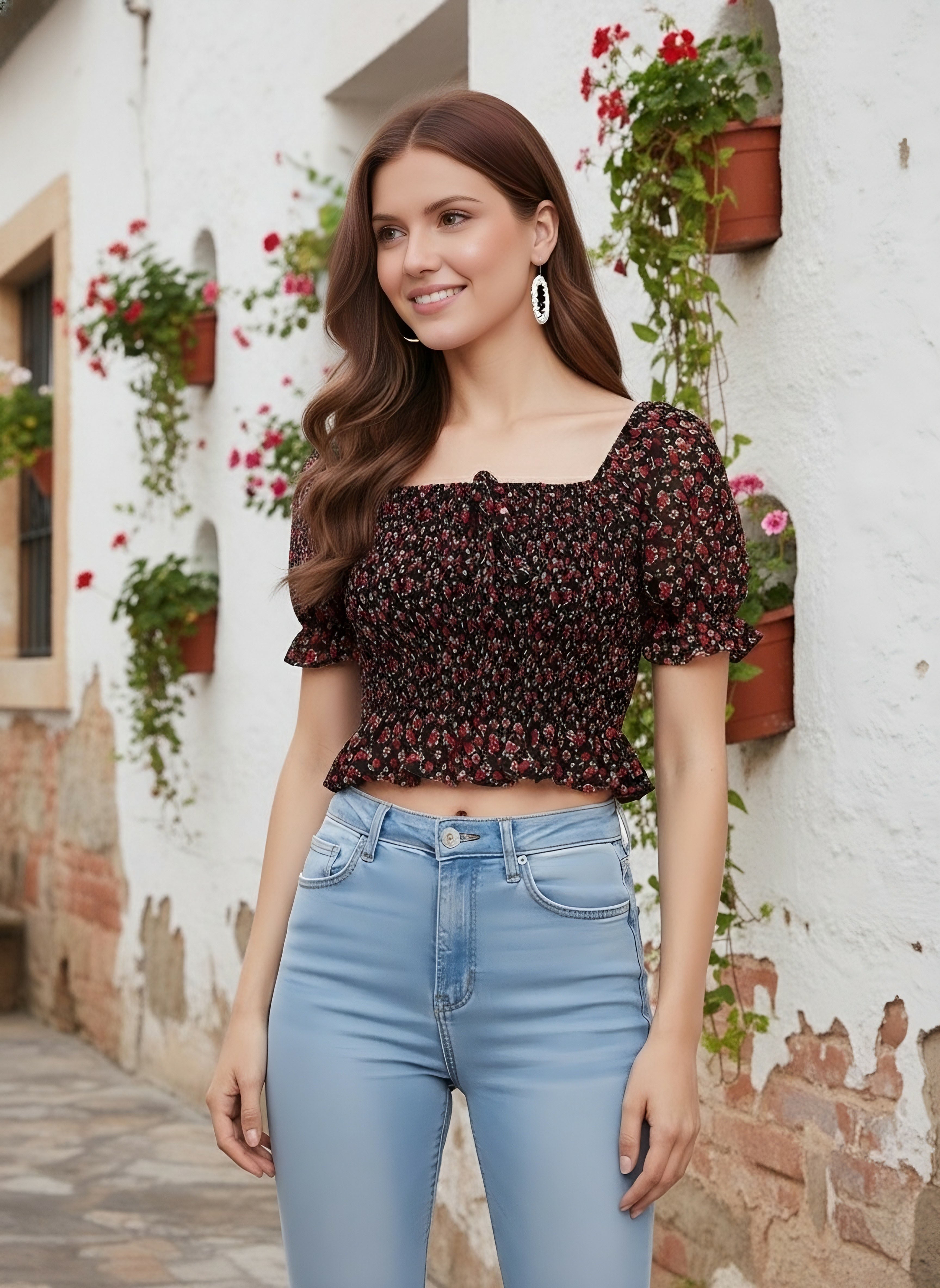Berrylush Women Black Floral Print Smocked Crop Top Berrylush Women Black Floral Print Smocked Crop Top