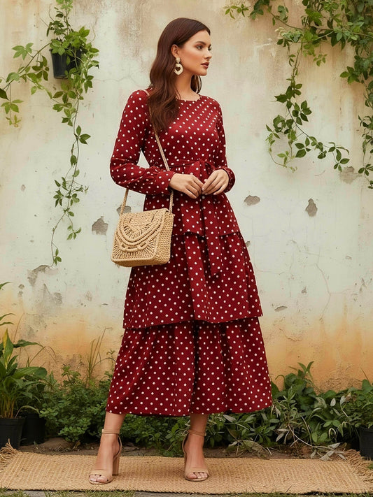 Berrylush Women Red Polka Dot Printed Round-Neck Tiered Fit & Flare Maxi Dress