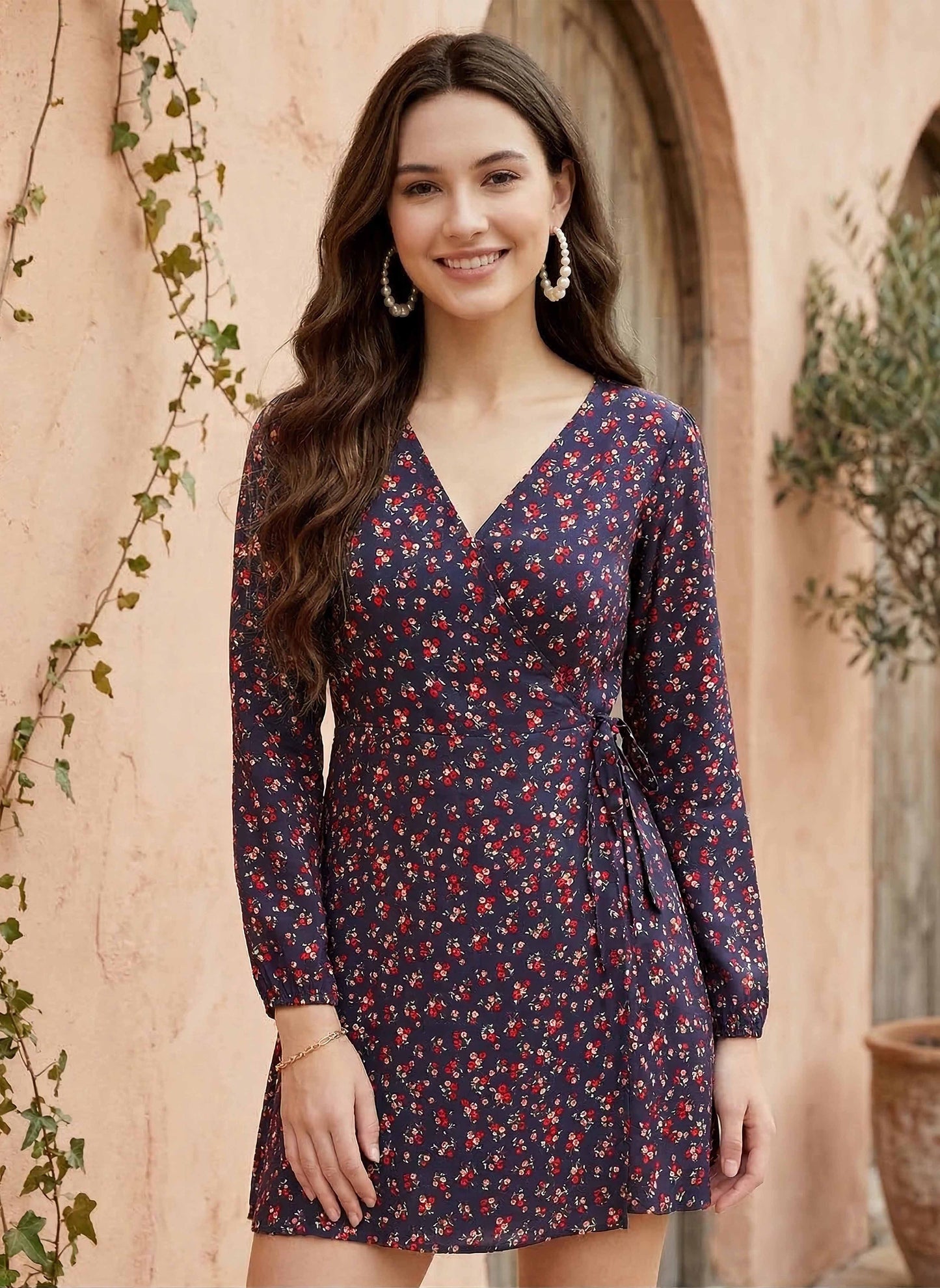Berrylush Women Navy Blue Floral Printed Fit & Flare Wrap Mini Dress