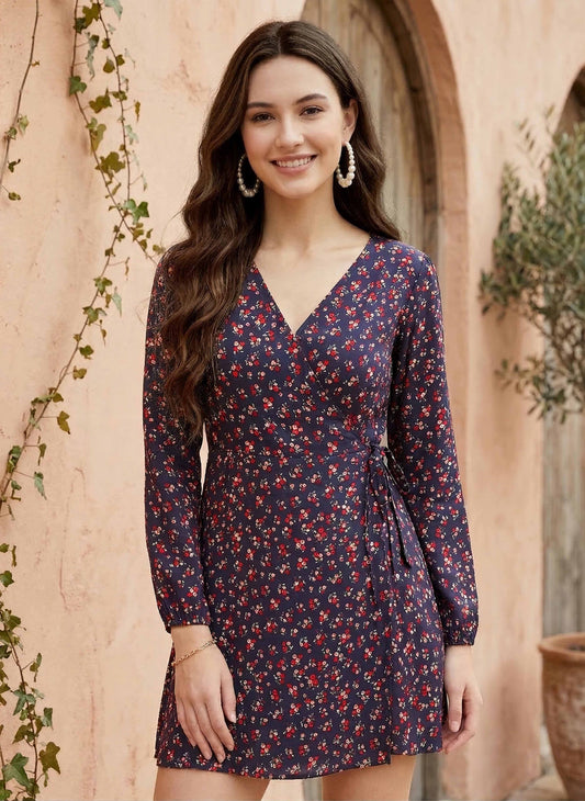 Berrylush Women Navy Blue Floral Printed Fit & Flare Wrap Mini Dress