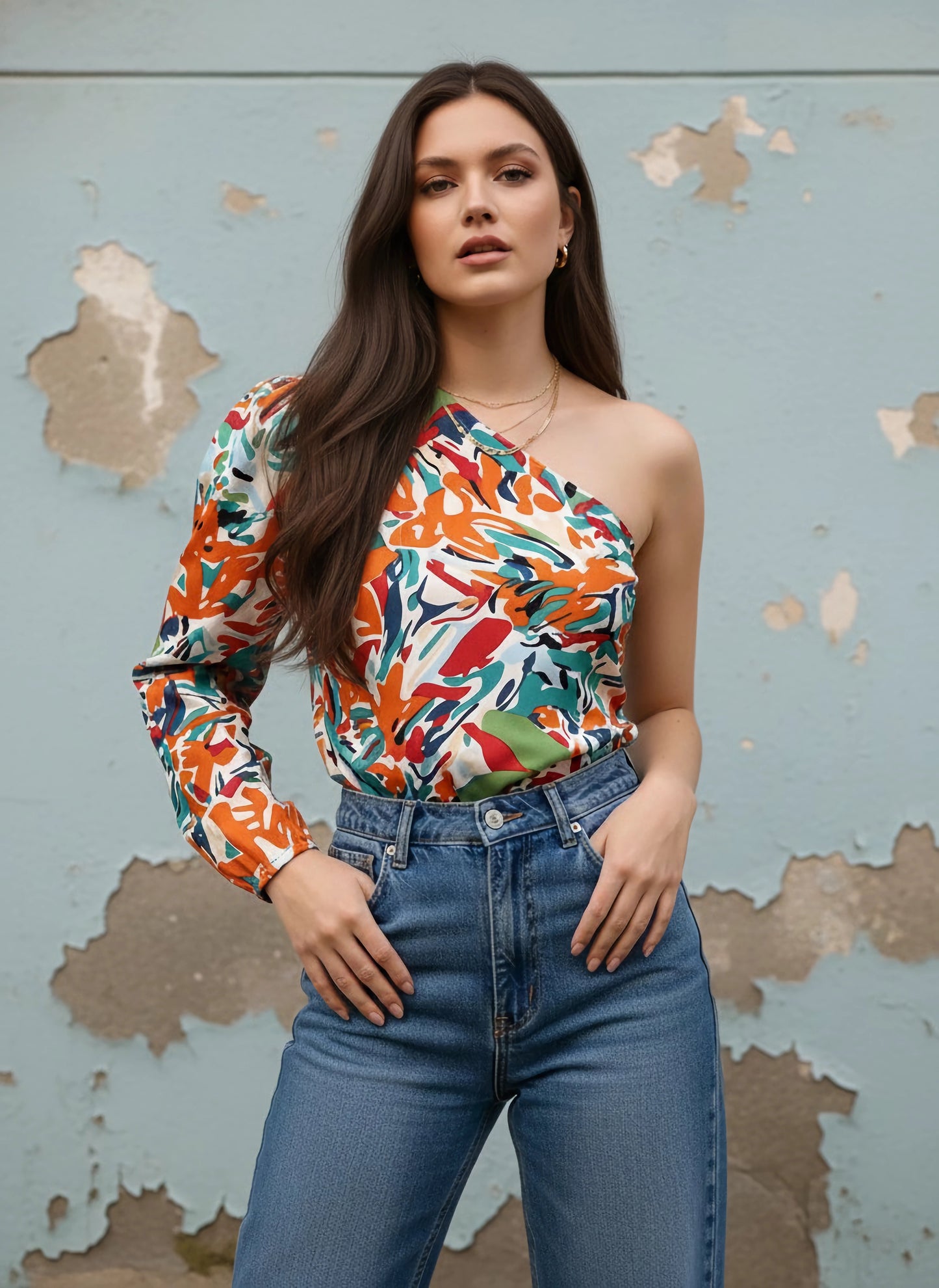 Berrylush Women White & Multicolour Abstract Printed One-Shoulder Neck Crepe Woven Regular Top