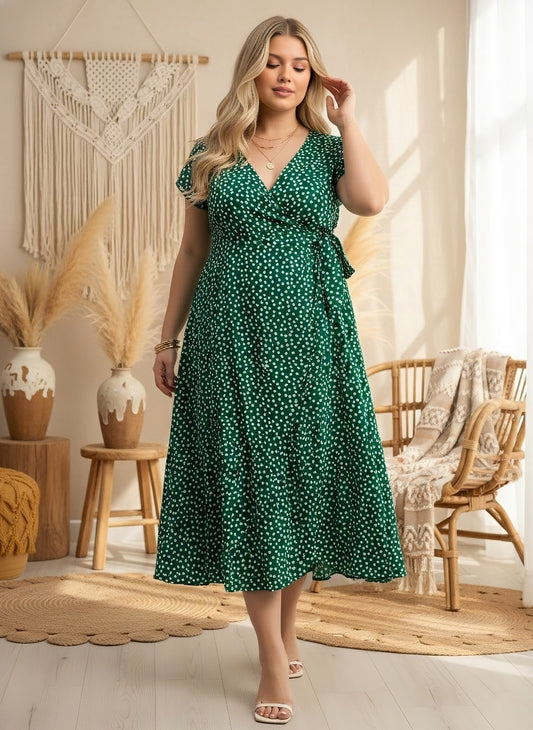Berrylush Curve Women Green & White Floral Printed V-Neck Flutter Sleeve Waist Tie-Up Straight Hem Wrap Midi Dress
