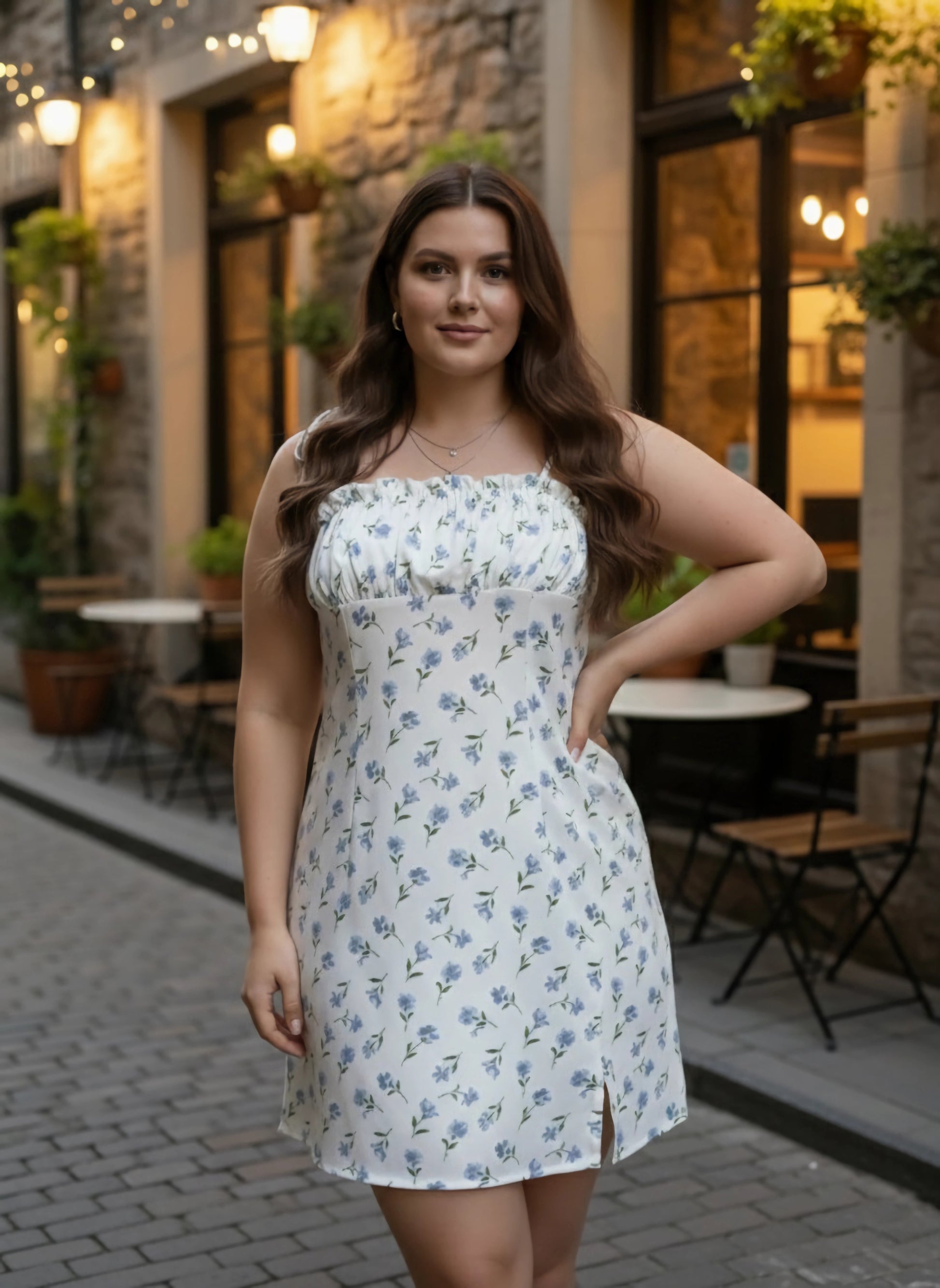 Women Plus Size White & Blue Floral Printed Square Neck Crepe Side-Slit Pleated A-Line Mini Dress - Berrylush Women Plus Size White & Blue Floral Printed Square Neck Crepe Side-Slit Pleated A-Line Mini Dress - Berrylush