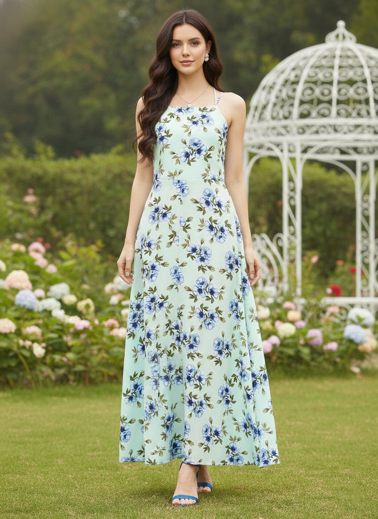 Berrylush Women Green Floral Print Tie-up Maxi Dress