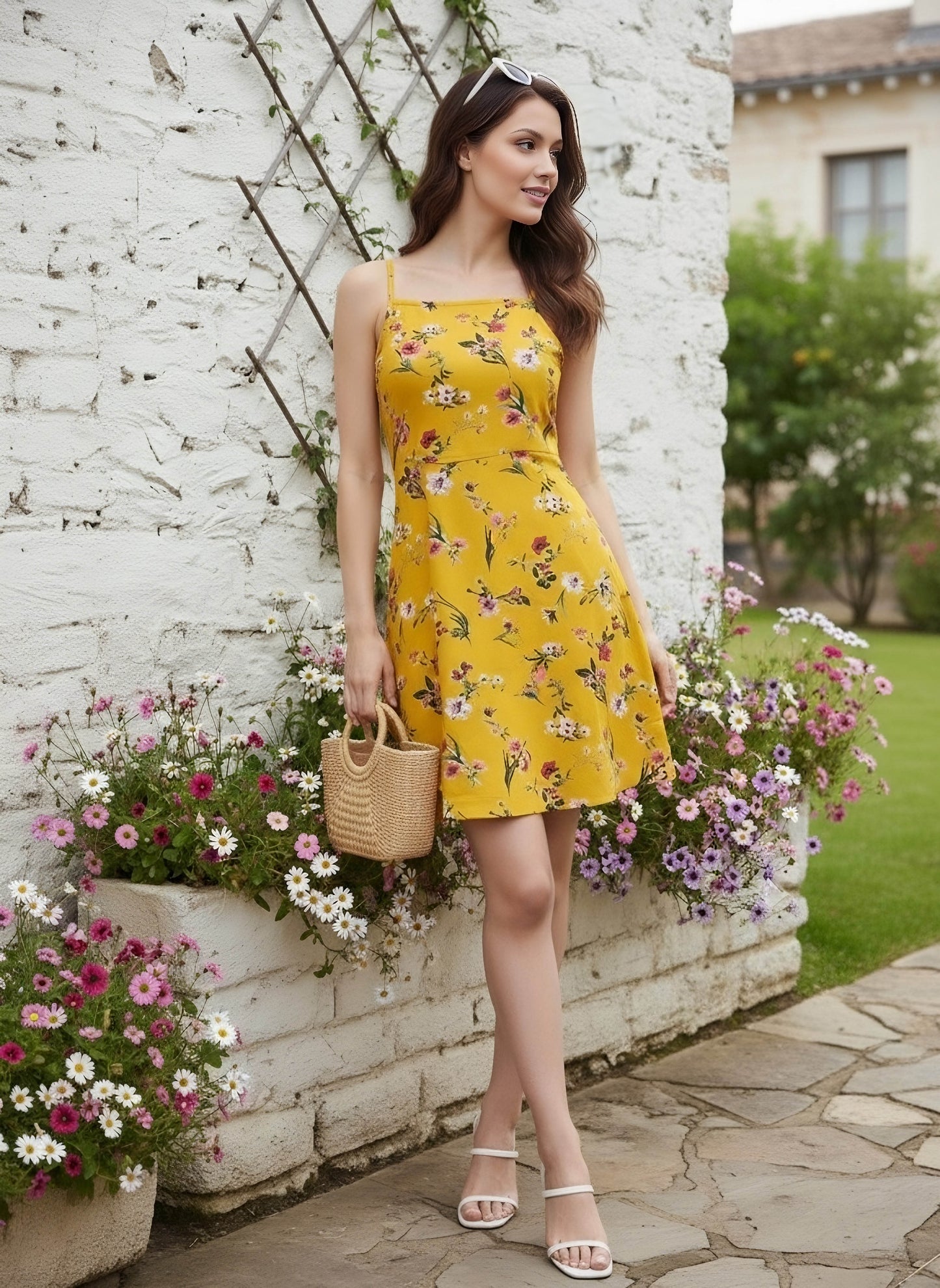 Berrylush Women Yellow & Red Floral Printed Square Neck Fit & Flare Mini Dress
