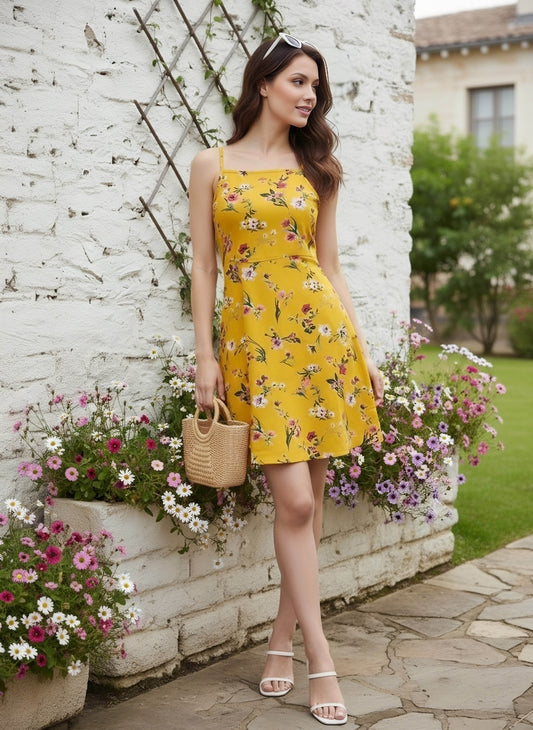 Berrylush Women Yellow & Red Floral Printed Square Neck Fit & Flare Mini Dress