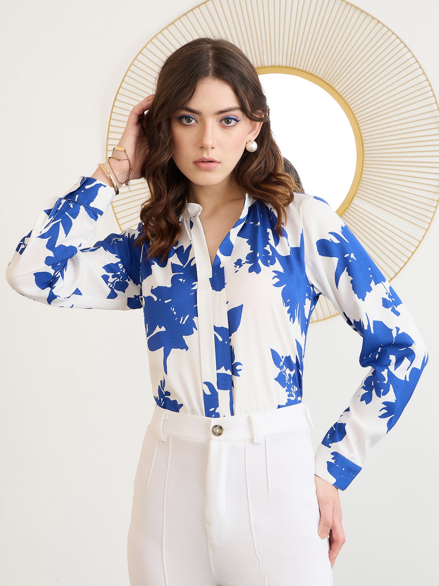 Berrylush BIZwear White Floral Print Mandarin Collar Regular Shirt