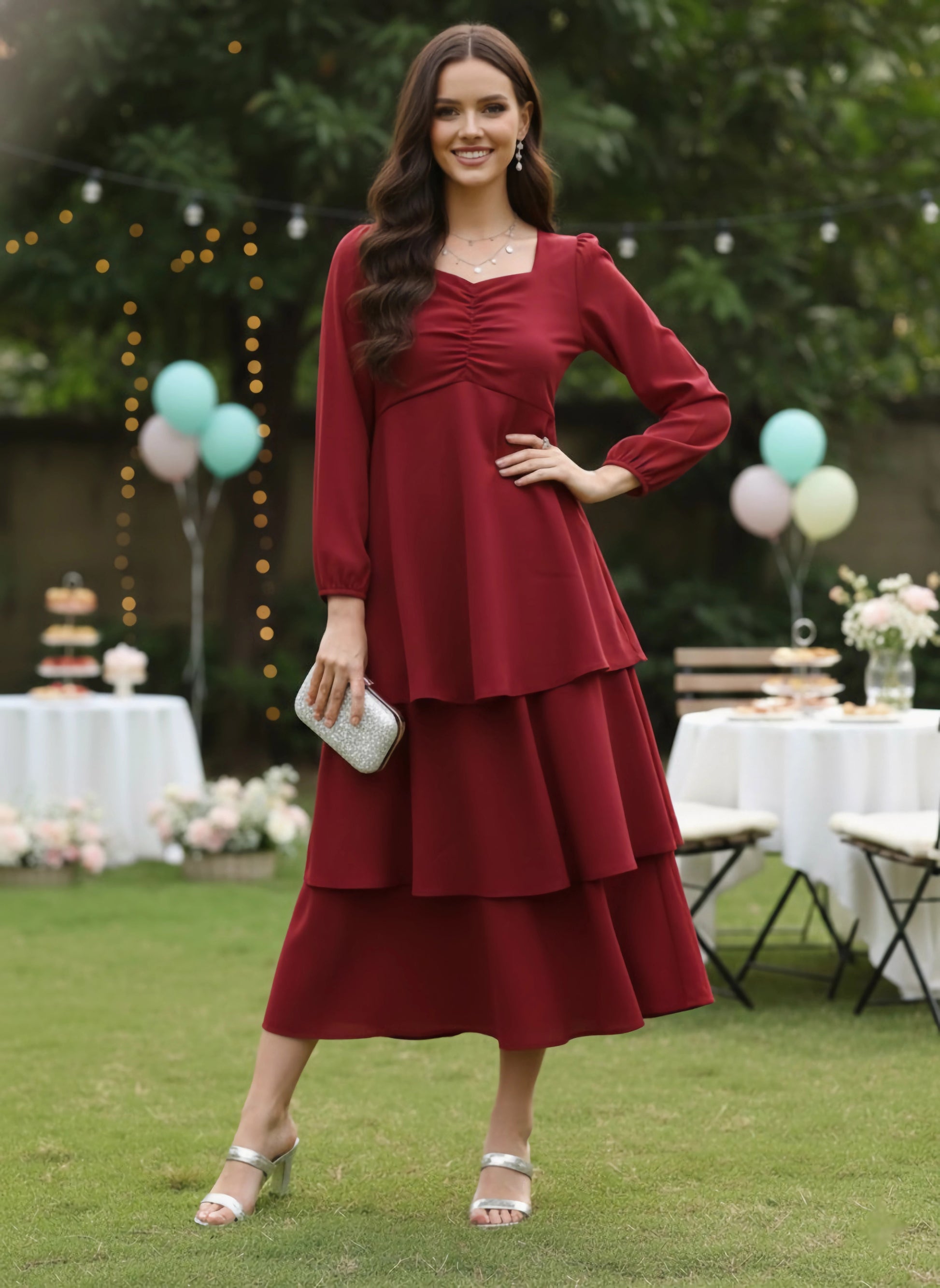 fitted lace wedding dress Women Solid Red Sweetheart Neck Puff Sleeve Flounce Tiered A-Line Maxi Dress