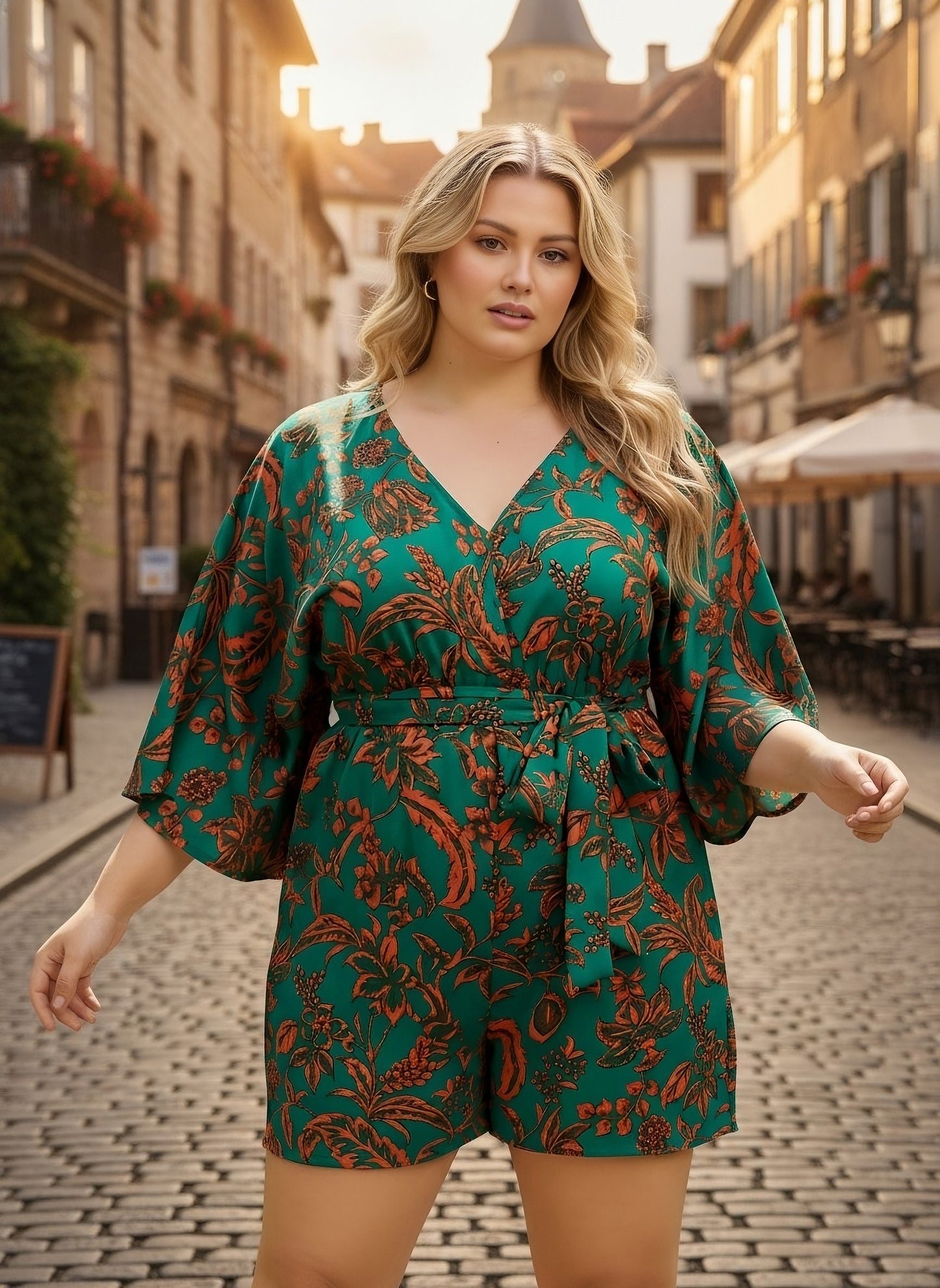 Berrylush Curve Women Green & Orange Floral Printed V-Neck Batwing Sleeve Tie-Up Waist Pleated Mini Jumpsuit