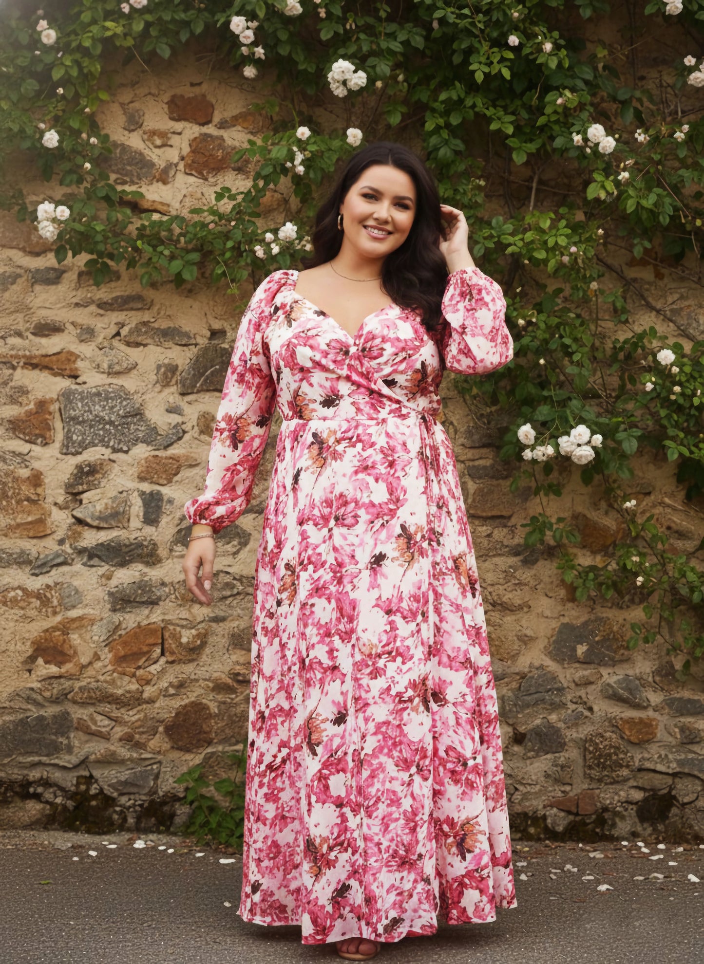 Berrylush Curve Women Pink Floral Printed Sweetheart Neck Waist Tie-Up Georgette Pleated Wrap Maxi Dress