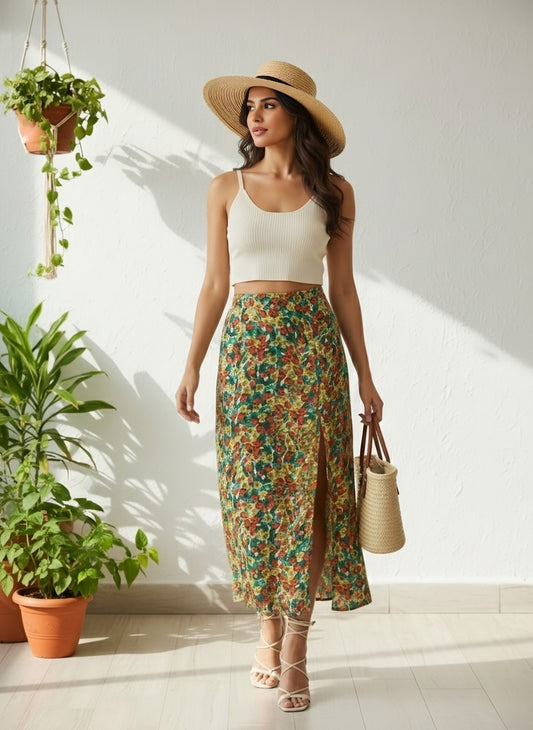 Berrylush Women Green & Red Floral Printed Thigh-High Slit Flared A-Line Midi Skirt