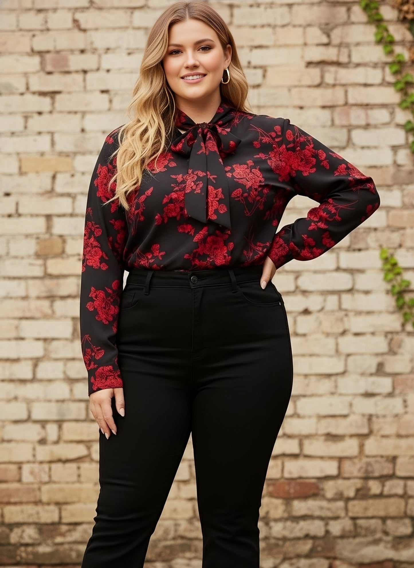Berrylush Women Plus Size Black & Red Floral Printed Tie-Up Neck Polyester Regular Top