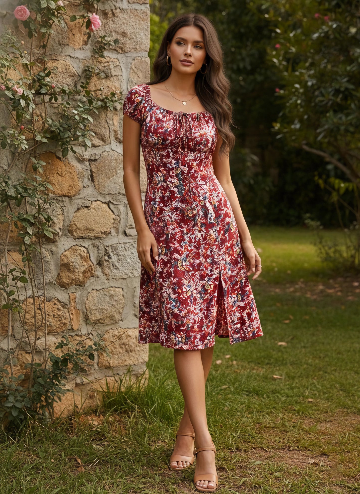 Berrylush Women Maroon & White Ditsy Floral Printed Tie-Up Sweetheart Neck Ruched A-Line Midi Dress