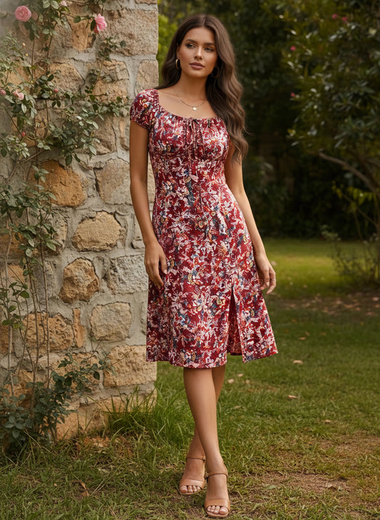 Berrylush Women Maroon & White Ditsy Floral Printed Tie-Up Sweetheart Neck Ruched A-Line Midi Dress