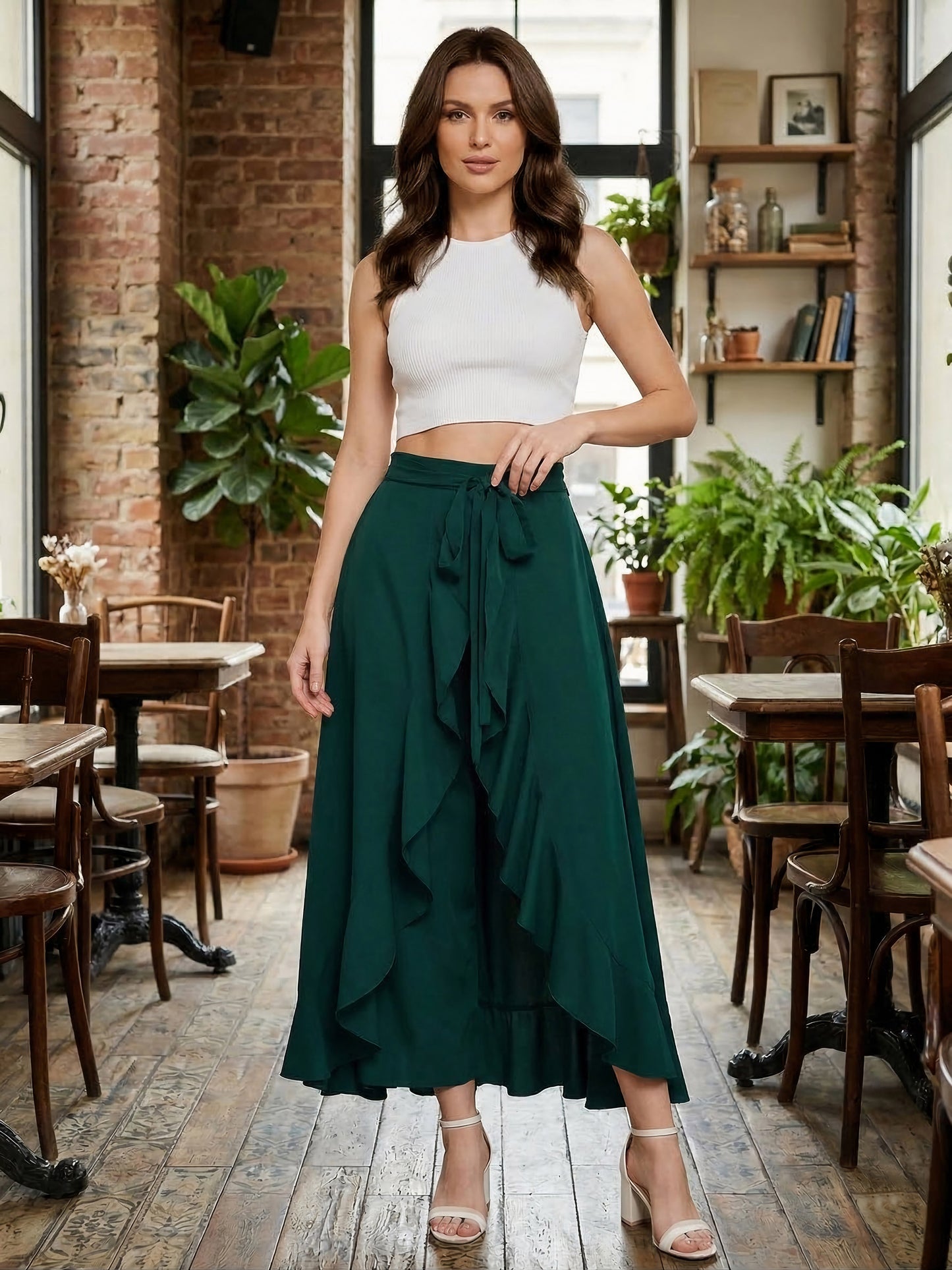 Berrylush Women Solid Green Waist Tie-Up Ruffled Maxi Skirt with Attached Trousers
