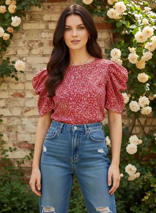 Red & White Floral Printed Round Neck Puff Sleeves Back Button-Up Keyhole Regular Top