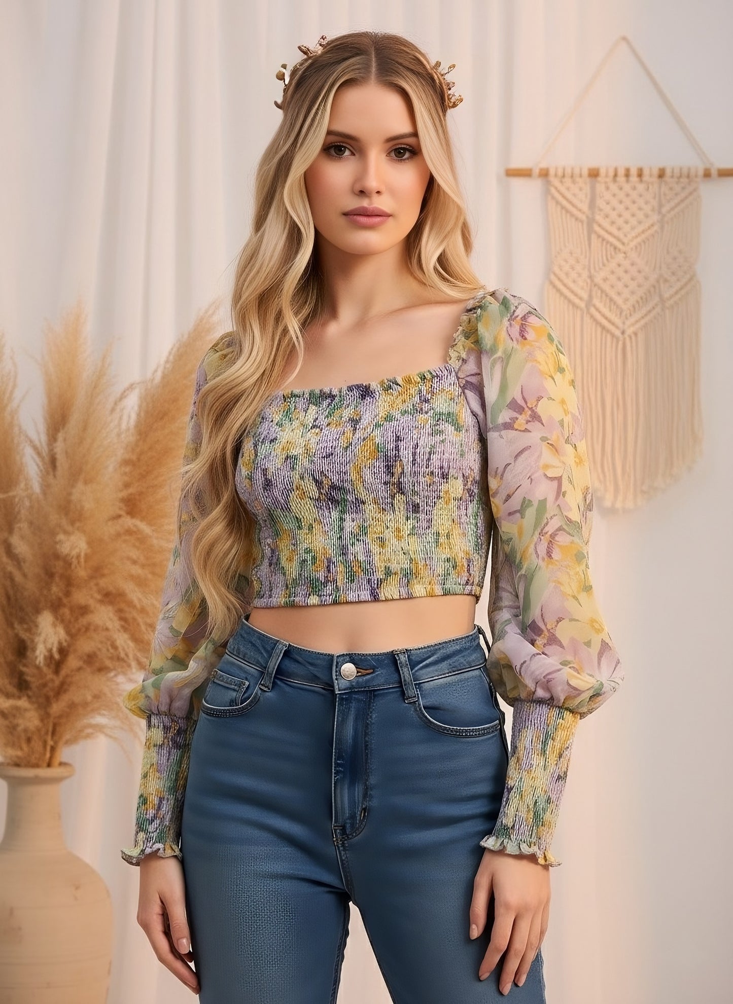 Berrylush Women Purple & Yellow Floral Printed Square Neck Bishop Sleeves Georgette Smocked Crop Top