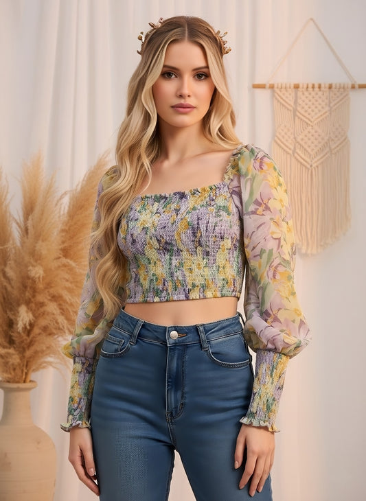 Berrylush Women Purple & Yellow Floral Printed Square Neck Bishop Sleeves Georgette Smocked Crop Top