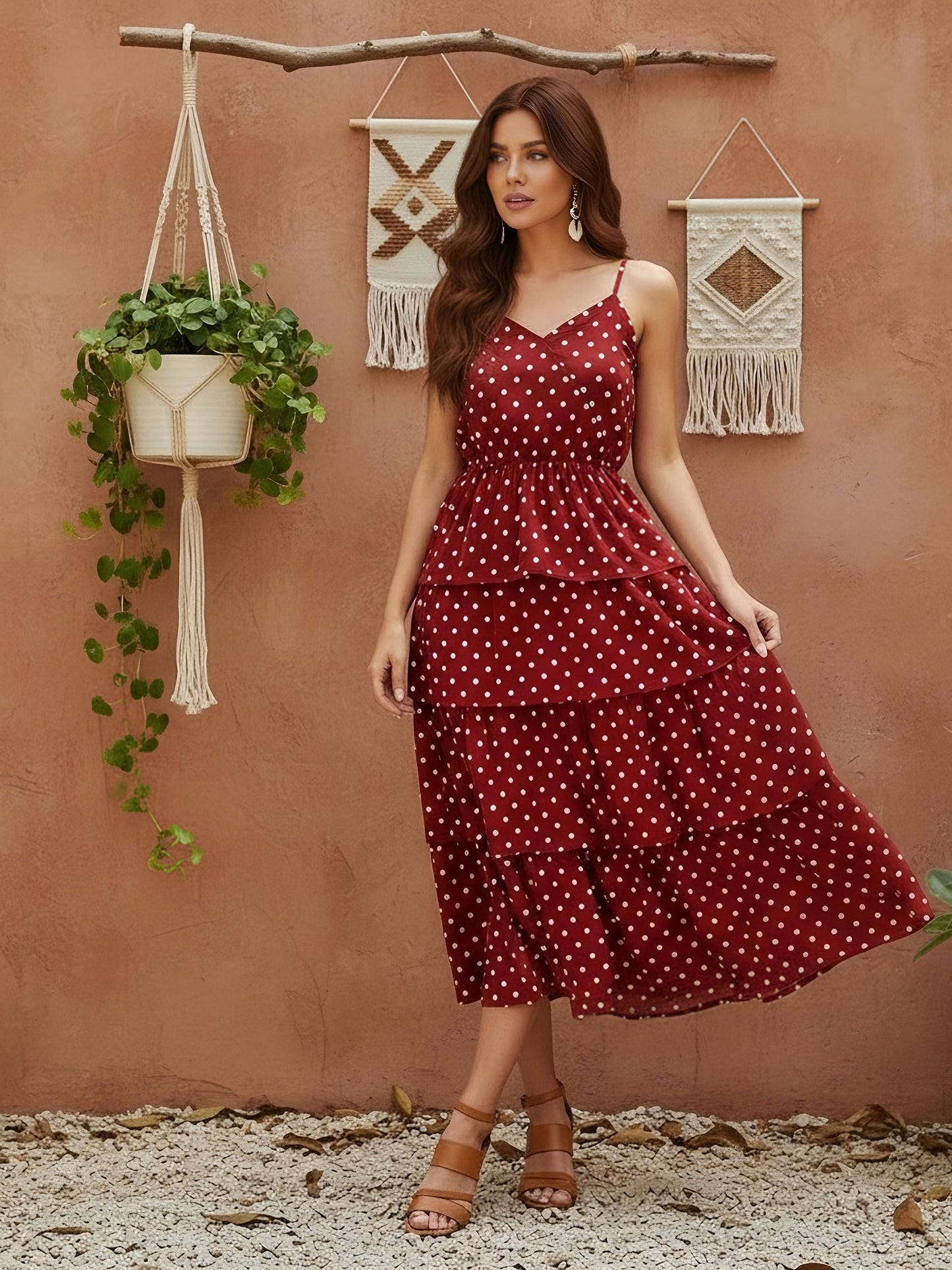 Berrylush Women Red Polka Dot Printed V-Neck Tiered Fit & Flare Midi Dress