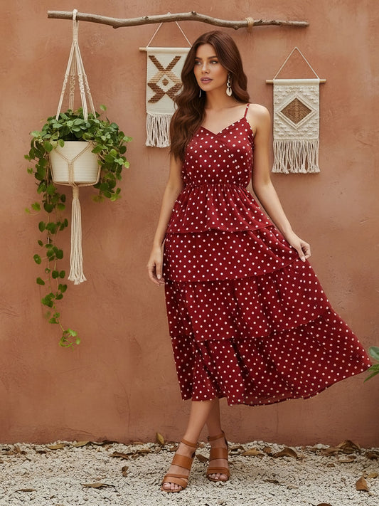 Berrylush Women Red Polka Dot Printed V-Neck Tiered Fit & Flare Midi Dress