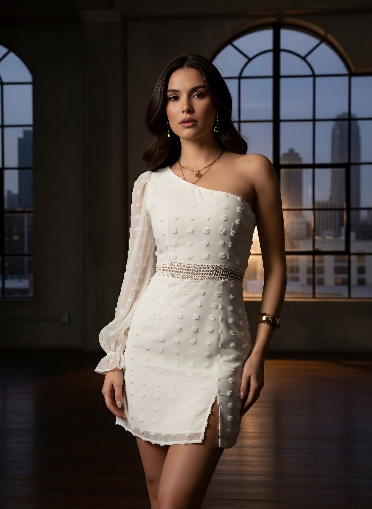 Berrylush Women White Solid One-Shoulder Neck Bishop Sleeves Bodycon Mini Dress