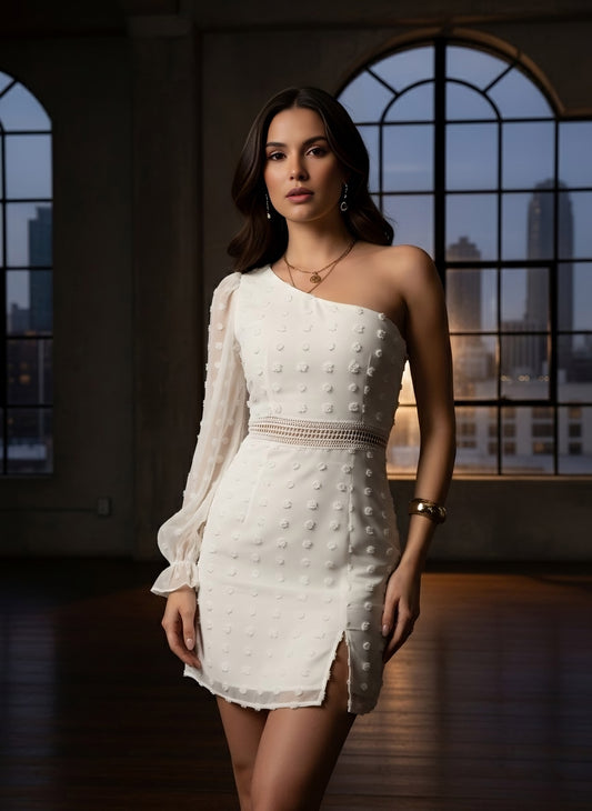 Berrylush Women White Solid One-Shoulder Neck Bishop Sleeves Bodycon Mini Dress