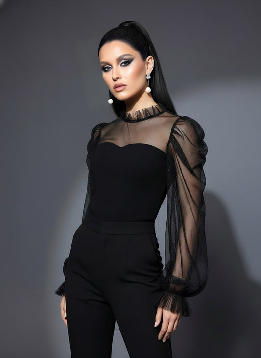 Berrylush Women Solid Black High Neck Puff Sleeves Button-Up Sheer Crepe Ruffled Regular Top