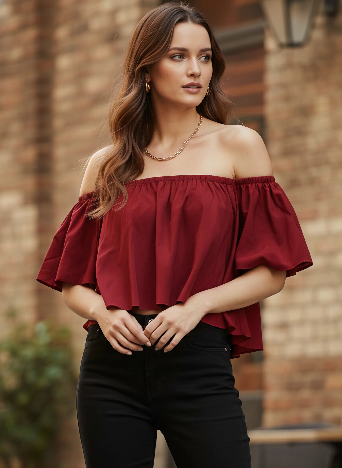 Berrylush Women Solid Maroon Off-Shoulder Neck Ruffled Crop Bardot Top