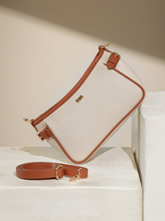 Berrylush Women Solid Beige & Brown Fabric Push-Lock Detachable Strap Embellished Regular Sling Bag