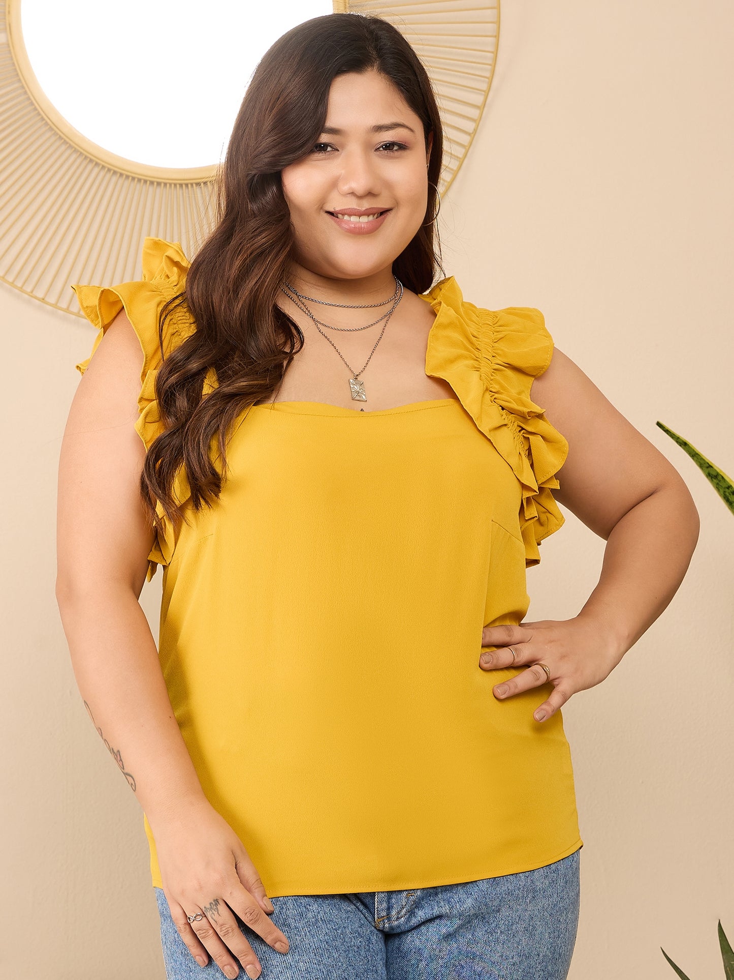 Berrylush Curve Women Solid Yellow Square Neck Sleeveless Straight Hem Ruffled Regular Top