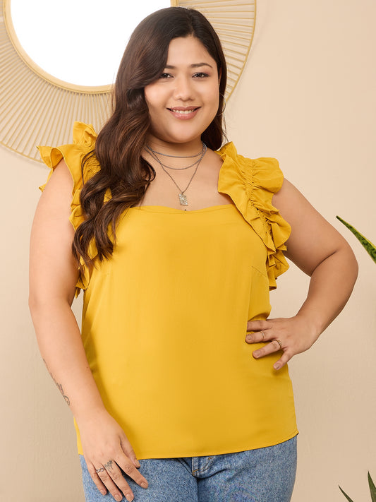 Berrylush Curve Women Solid Yellow Square Neck Sleeveless Straight Hem Ruffled Regular Top