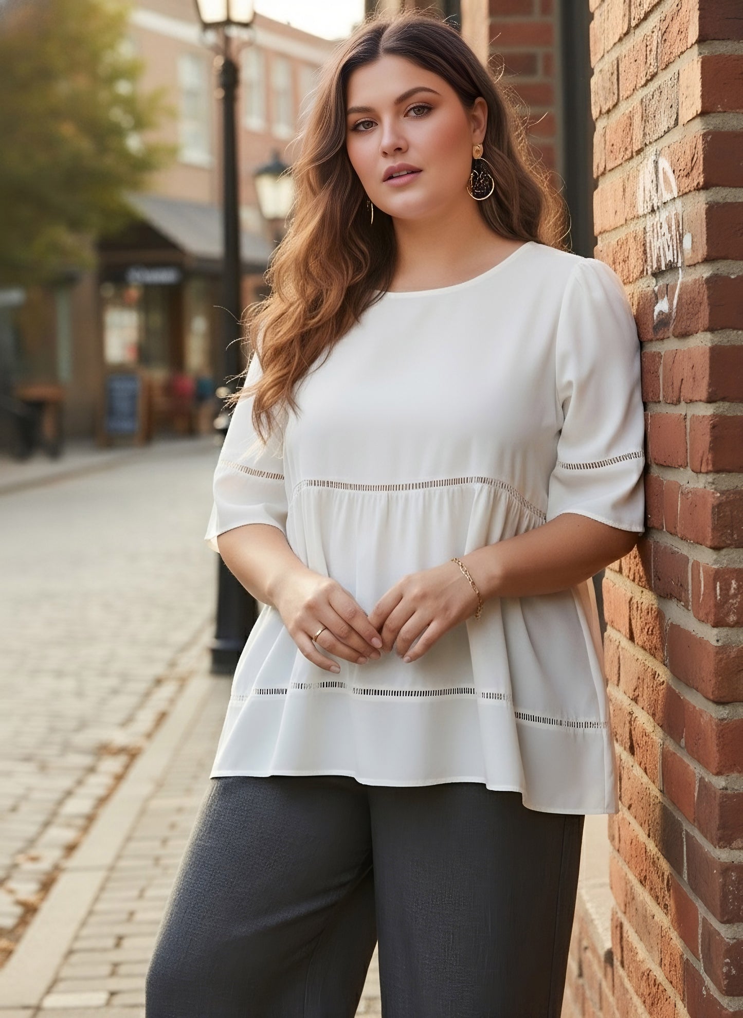 Berrylush Curve Women Solid White Round Neck Puff Sleeves Lace-Up Regular Top