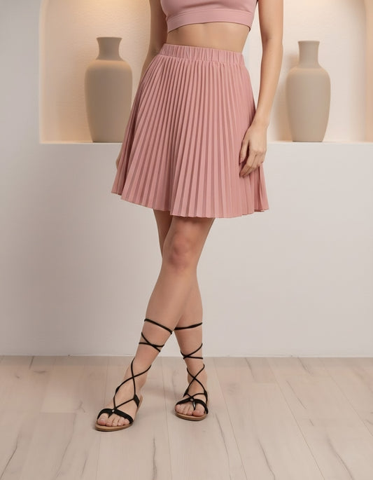 Berrylush Women Solid Light Pink High-Rise Elastic Waist Slip-On Pleated Midi Skirt
