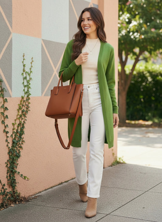 Berrylush Women Solid Green Open-Front Neck Drop-Shoulder Sleeves Ribbed Hem Longline Cardigan