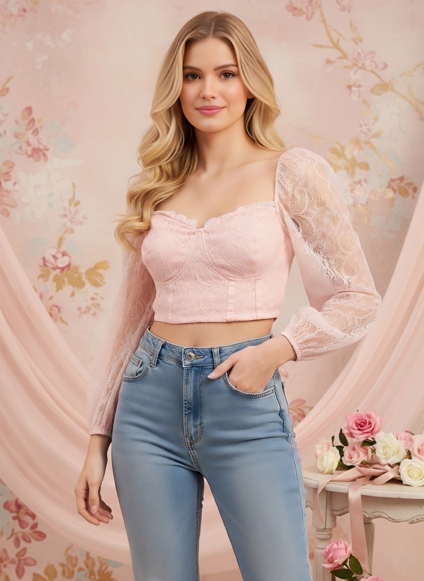 Berrylush Women Solid Pink Sweetheart Neck Puff Sleeves Cotton Back Zipper-Up Lace Knitted Crop Top