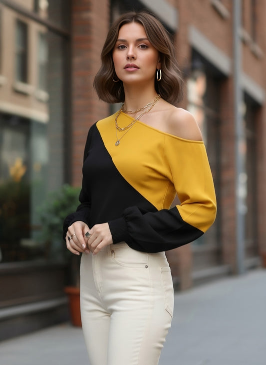 Berrylush Women Black & Mustard Yellow Colour-Blocked Pattern Round Neck Bishop Sleeves Regular Blouson Top