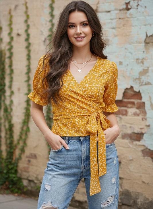 Berrylush Women Yellow & White Floral Printed Tie Knot Top