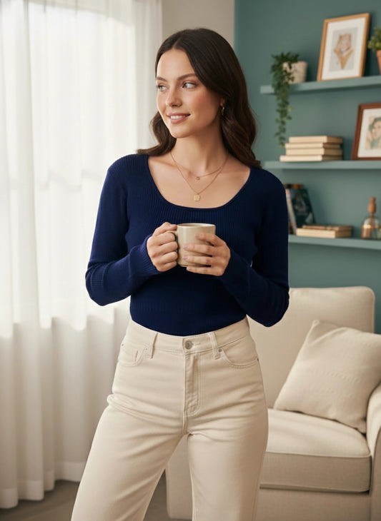 Berrylush Women Solid Navy Blue Scoop Neck Acrylic Ribbed Hem Knitted Regular Sweater