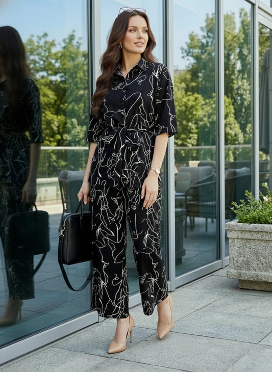 Berrylush BIZwear Women Black & White Abstract Printed Shirt Collar Neck Tie-Up Belted Top & Wide Leg Pants Set