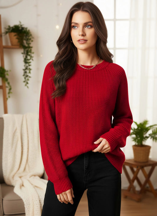 Berrylush Women Solid Red Round Neck Raglan Sleeve Acrylic Curved Hem Longline Pullover