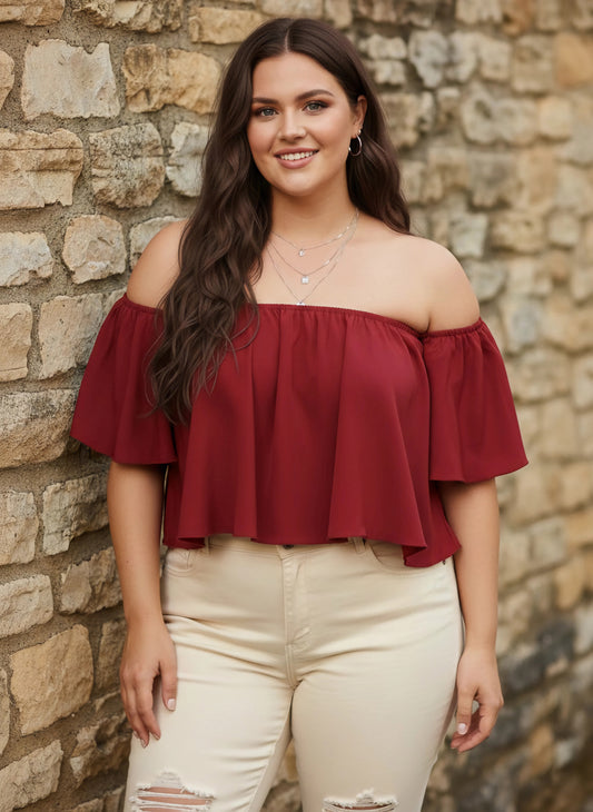 Berrylush Women Plus Size Solid Maroon Off-Shoulder Neck Crepe Ruffled Bardot Crop Top