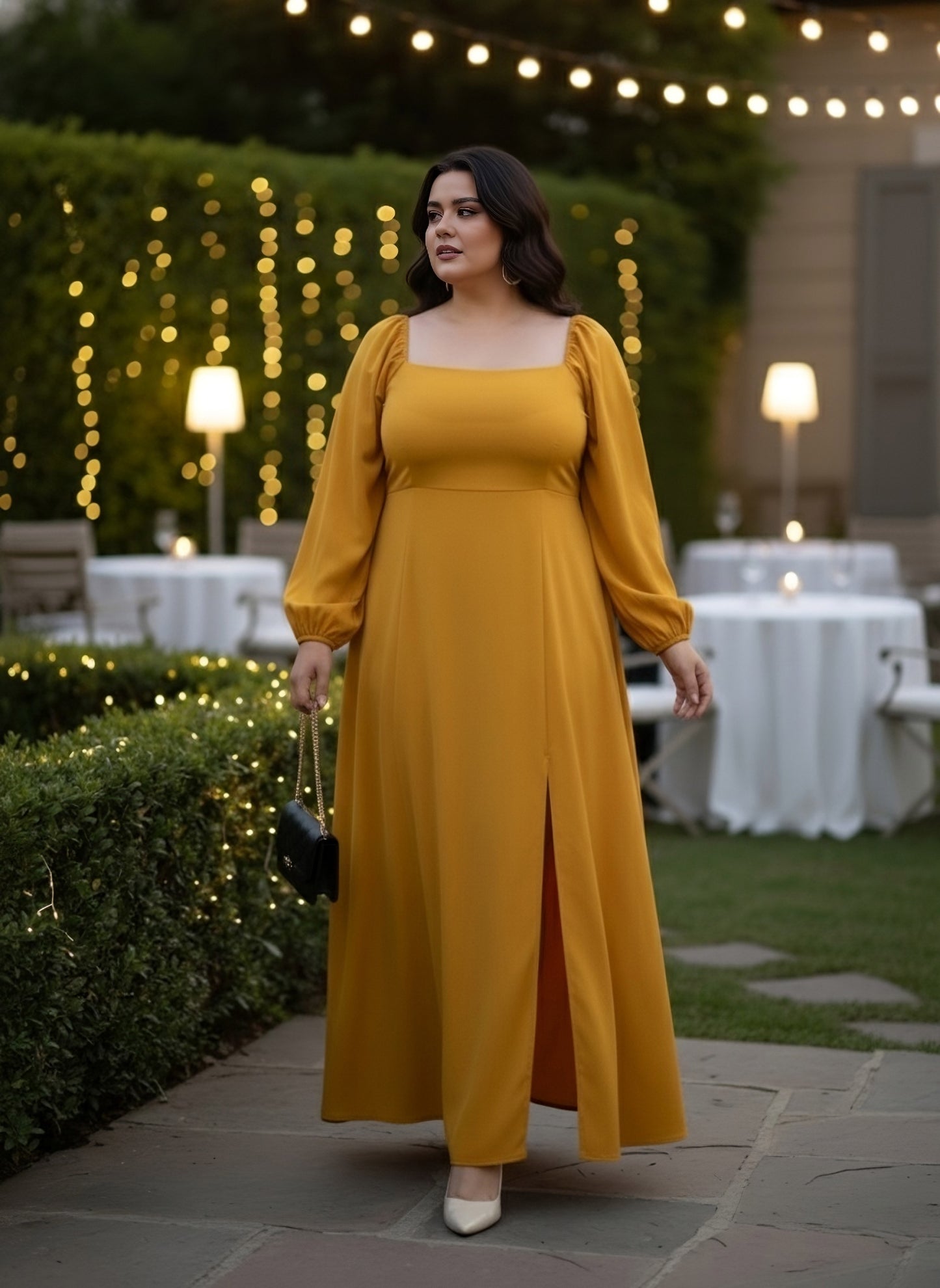 Berrylush Women Plus Size Solid Yellow Square Neck Puff Sleeves Thigh-High Slit Fit & Flare Maxi Dress