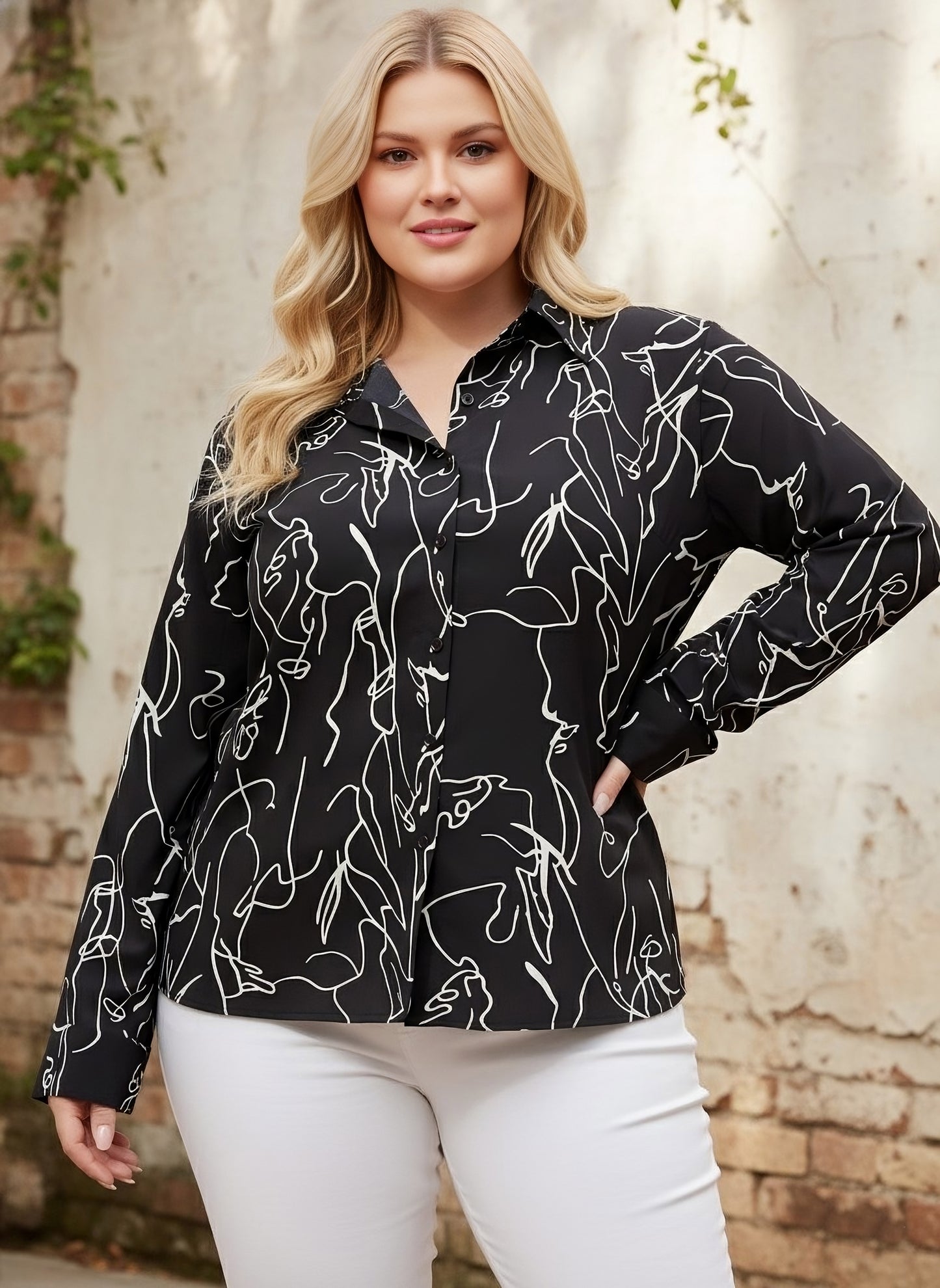 Berrylush Women Plus Size Black & White Abstract Printed Spread Collar Neck Button-Up Curved Hem Regular Shirt