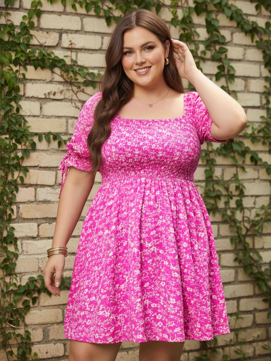 Berrylush Curve Women Pink & White Floral Printed Square Neck Bishop Sleeves Tie-Up Smocked A-Line Mini Dress