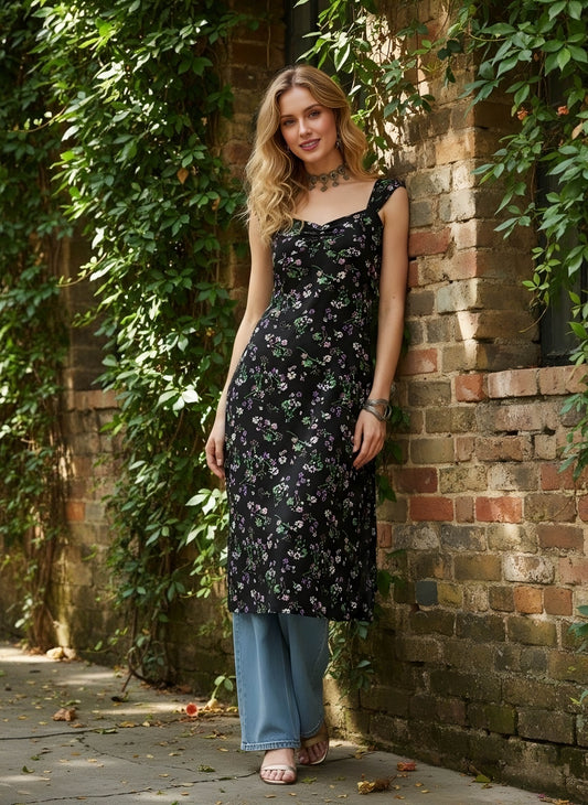 Berrylush Women Black & Green Floral Printed Sweetheart Neck Side Slited Midi Kurta