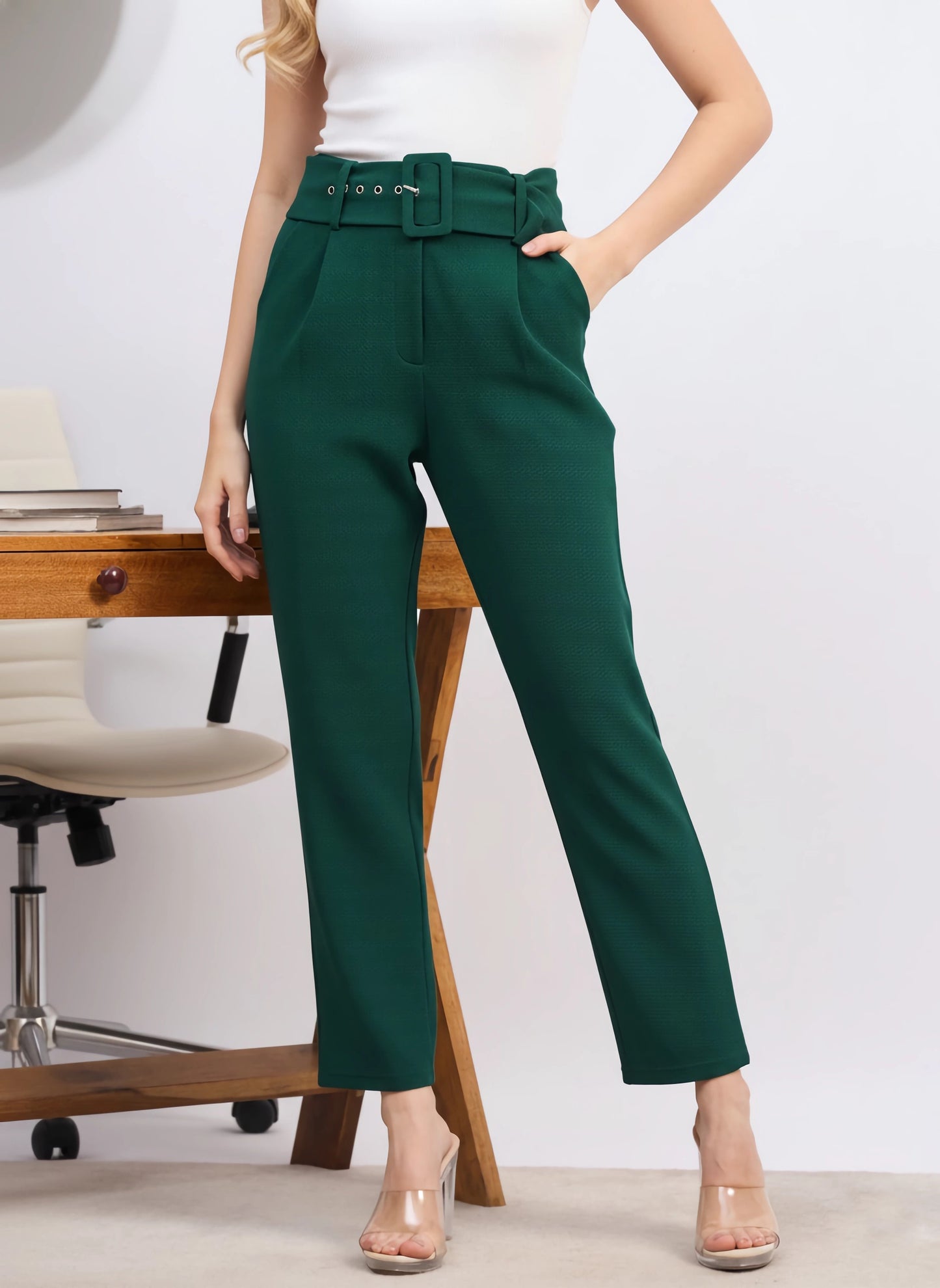 Berrylush BIZwear Women Solid Green High-Rise Belted Waist Four-Pockets Pleated Maxi Trousers