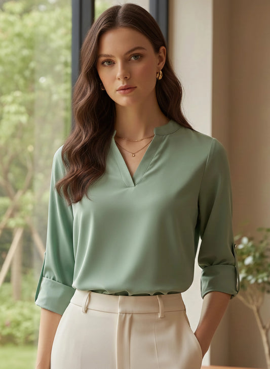 Berrylush BIZwear Women Solid Green Mandarin Collar Neck Long Sleeves Curved Hem Regular Shirt